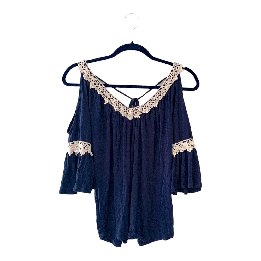 Blue Always Indigo V Neck Cold Shoulder Bell Sleeves Top Size Medium